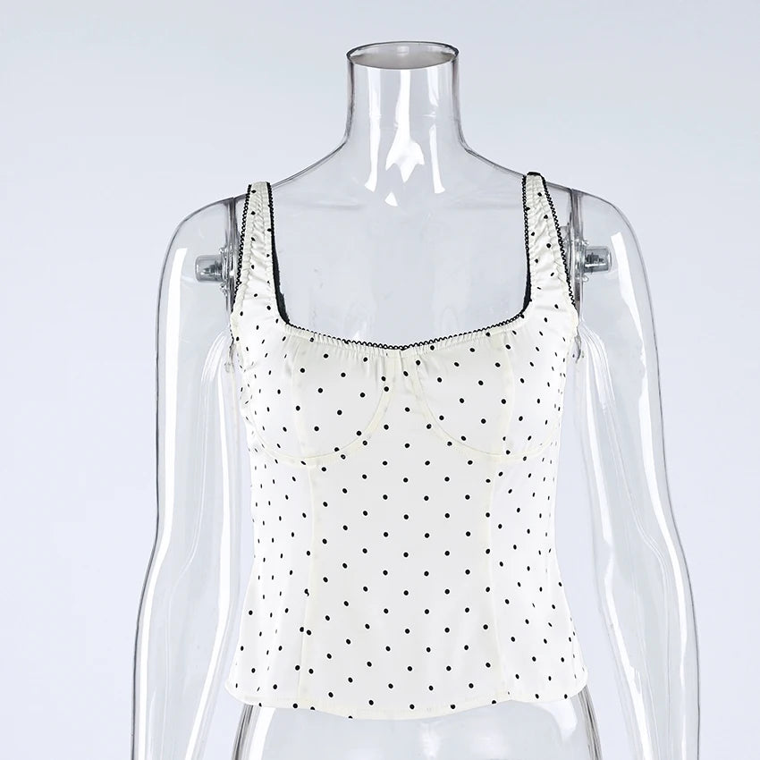 Women's Polka Dot Camisole with Lace Trim and Thin Shoulder Straps