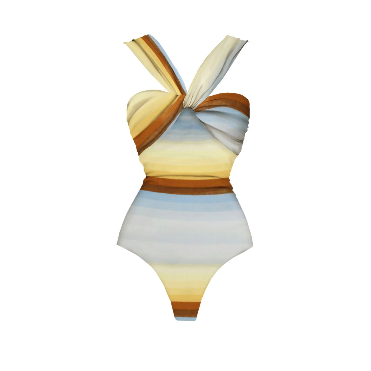 Striped Cutout One-Piece Swimsuit with Long Skirt