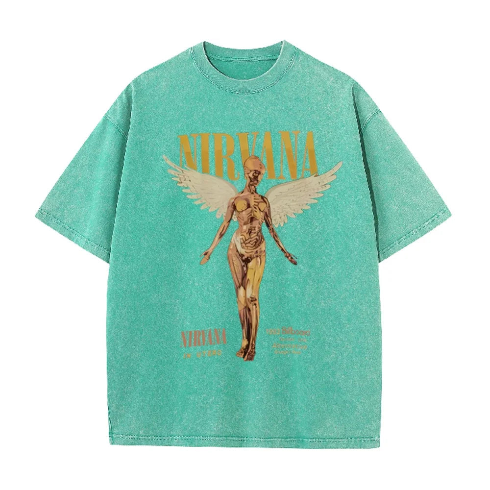 Vintage Distressed Washed Tee Nirvana Grunge Rock Silver Angel Skeleton Print Loose Fit Short Sleeve T Shirts