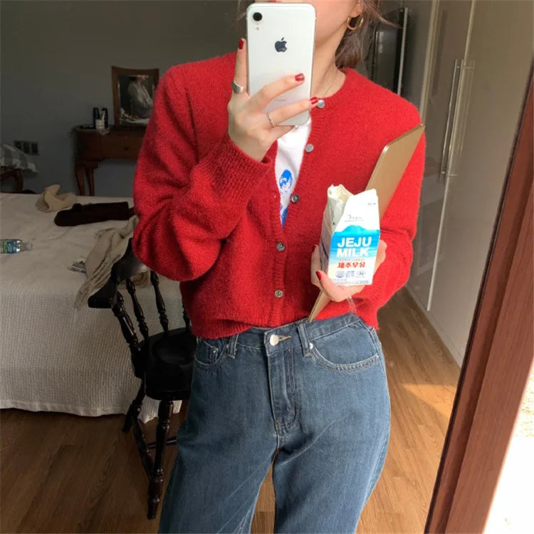 Women's Crew Neck Button Front Cardigan Casual Knit Layer