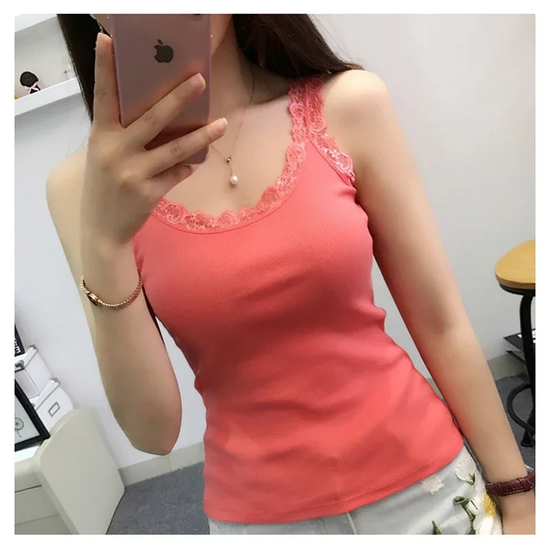 Women's Lace Trim Cotton Blend Tank Top with a Sleeveless Shape