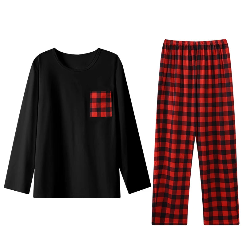Men's Long Sleeve Pocket Top and Plaid Pants Pajama Set