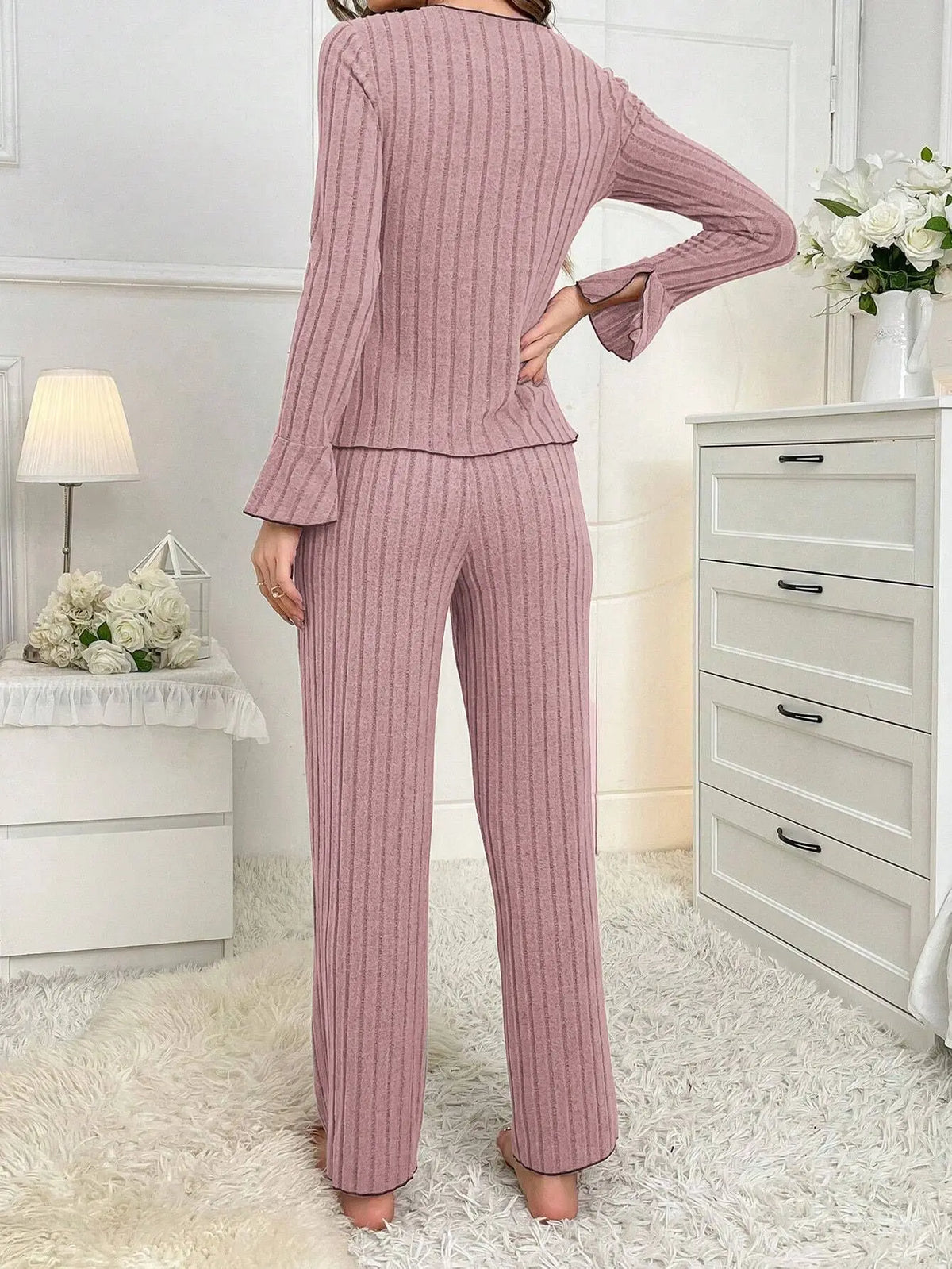 Women's Bow Front Ribbed Long Sleeve Pajama Set with Top and Pants