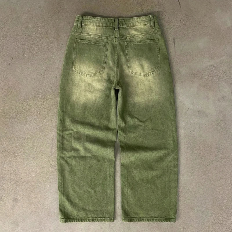 Men's Green Ball Embroidered Wide Leg Denim Jeans for Casual Everyday Wear