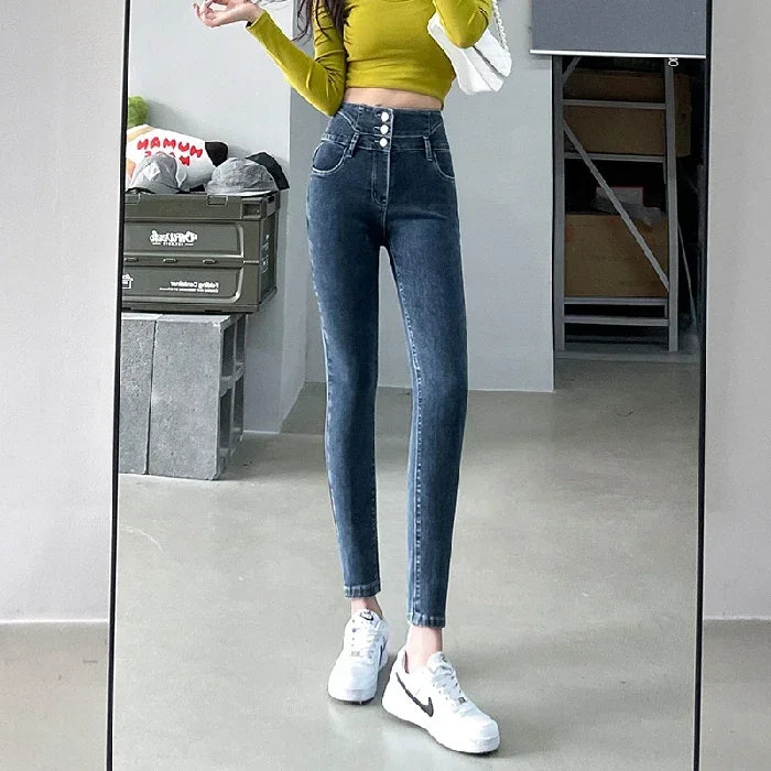 Women's Multiple Button Blue Flared Leg Denim Jeans