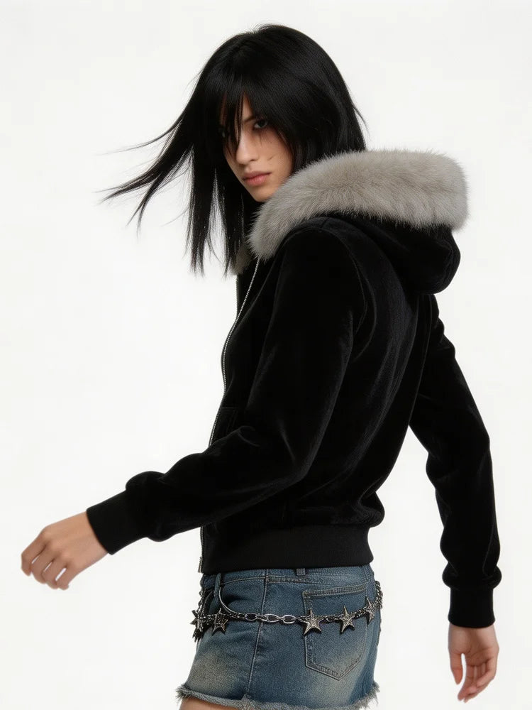 Fluffy Trim Long Sleeve Full Zip Casual Hoodie
