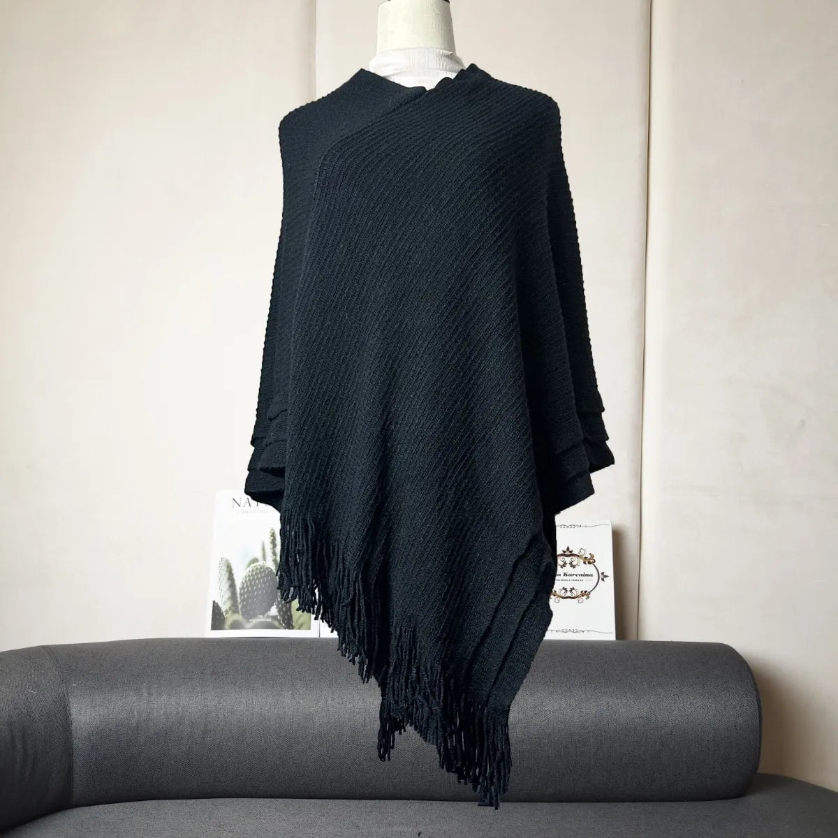 Knit Fringe Hem Poncho for Layering over Outfits