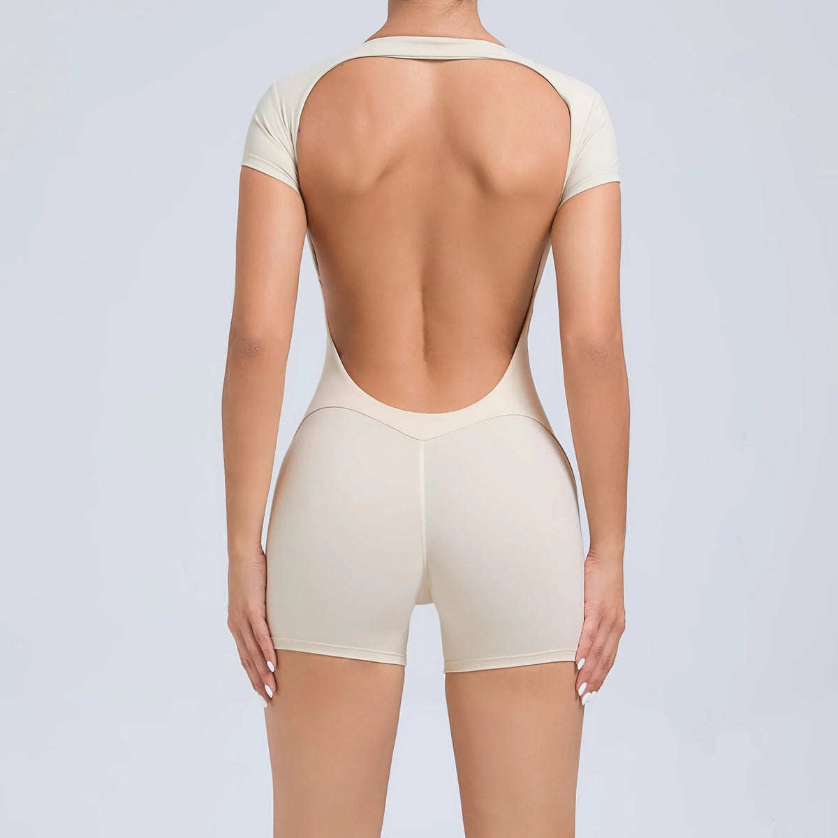 Women's Short Sleeve Nylon Blend Workout Romper with Scoop Neck and Low Back