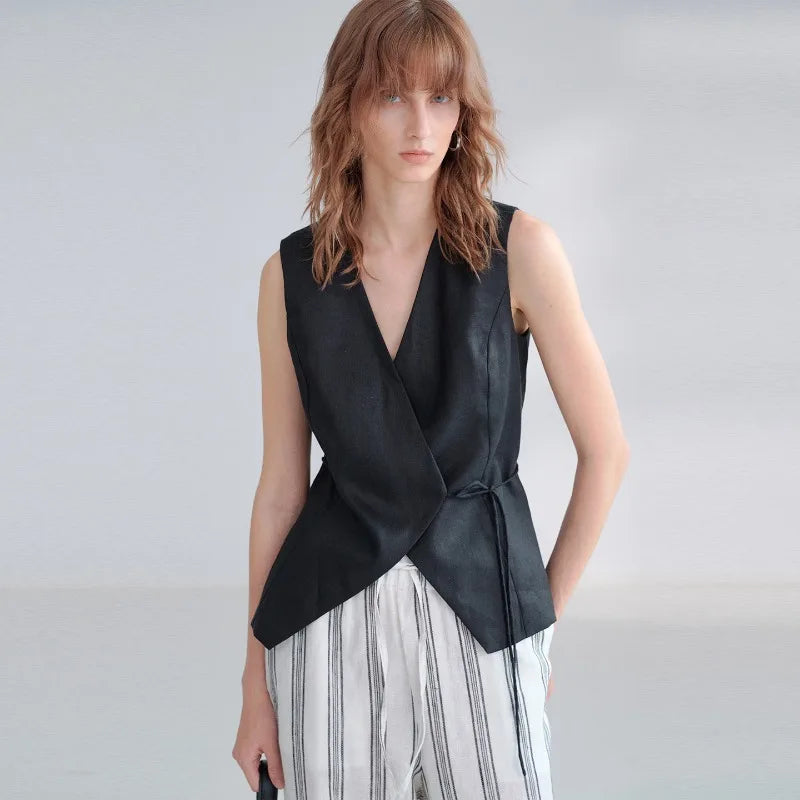 Women's Linen Sleeveless V-Neck Vest Top with Waist Tie for Summer Outfits