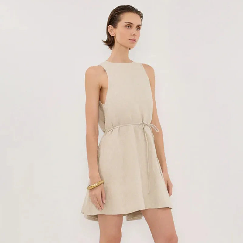 Women's Linen Sleeveless Loose Mini Dress with Waist Tie and Zipper Closure