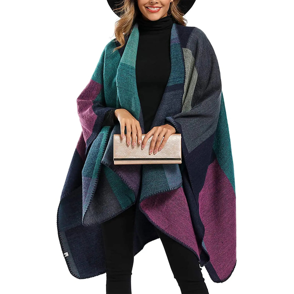 Block Plaid Open Front Poncho for Layering over Outfits