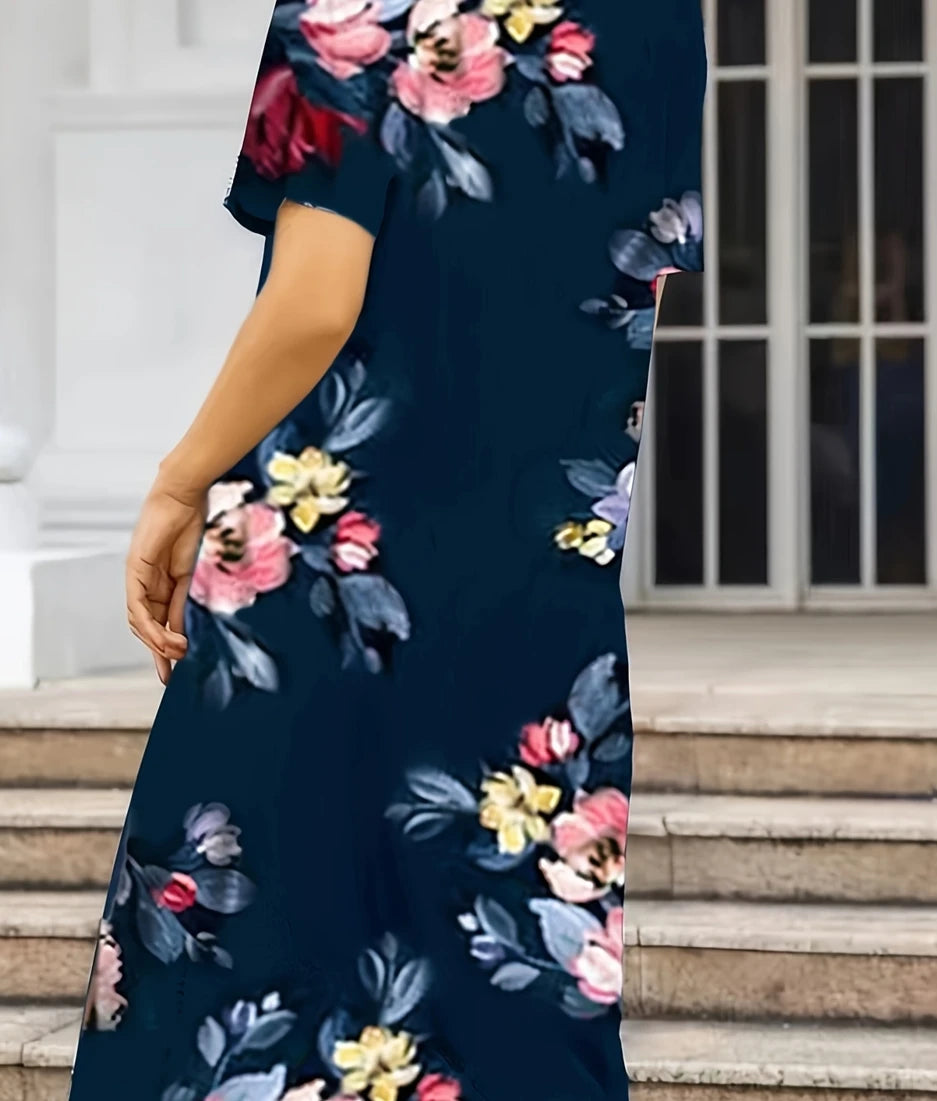 Women's Polyester Floral-Print Short-Sleeve Round-Neck A-Line Knee-Length Dress for Casual Everyday Outfits