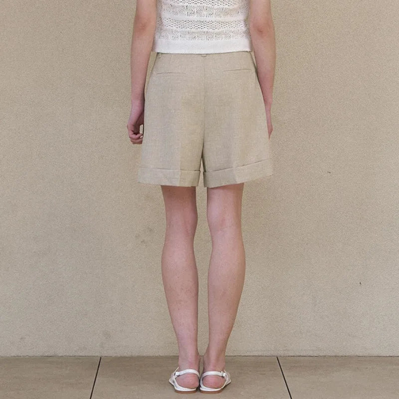 Women's Linen High-Waist Loose Pleated Shorts with Side Pockets and Zipper Fly