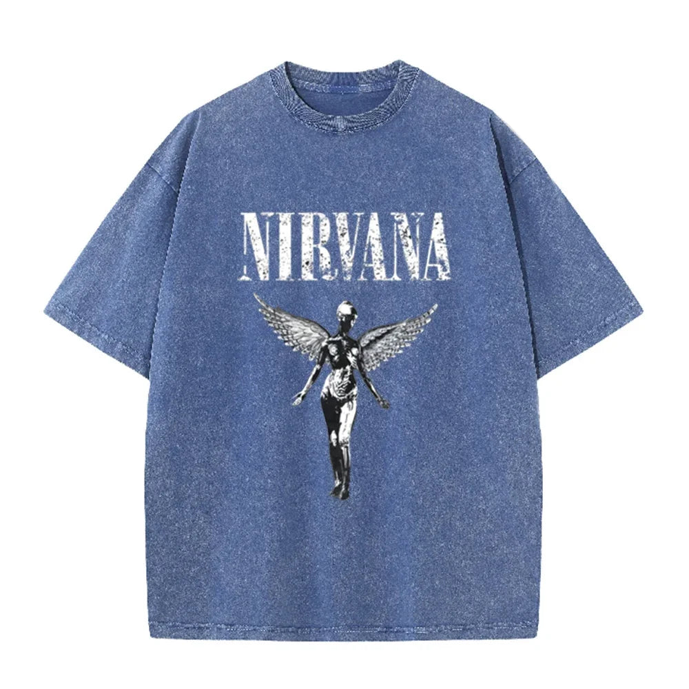 Vintage Distressed Washed Tee Nirvana Grunge Rock Silver Angel Skeleton Print Loose Fit Short Sleeve T Shirts