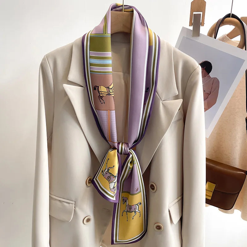 Printed Long Narrow Scarf with Decorative Ribbon Shape