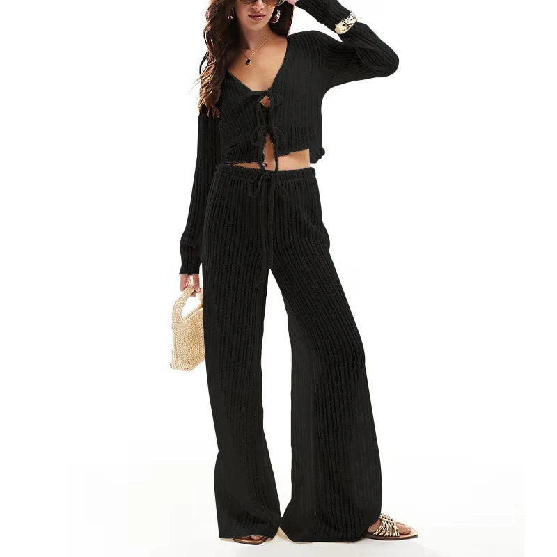 Women's Linen-Polyester Two-Piece Lounge Set with Long-Sleeve Button-Front Top and Elastic-Waist Pants