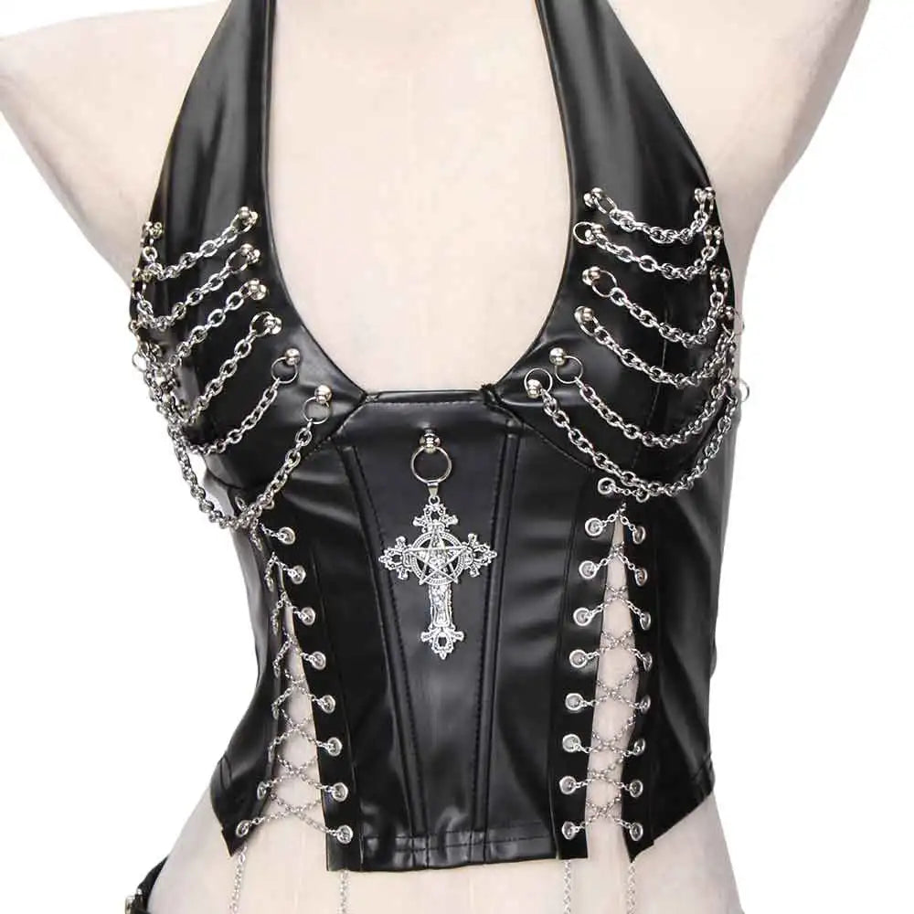 Women's Studded Crop Top with Decorative Spikes and Lace-Up Side Detailing