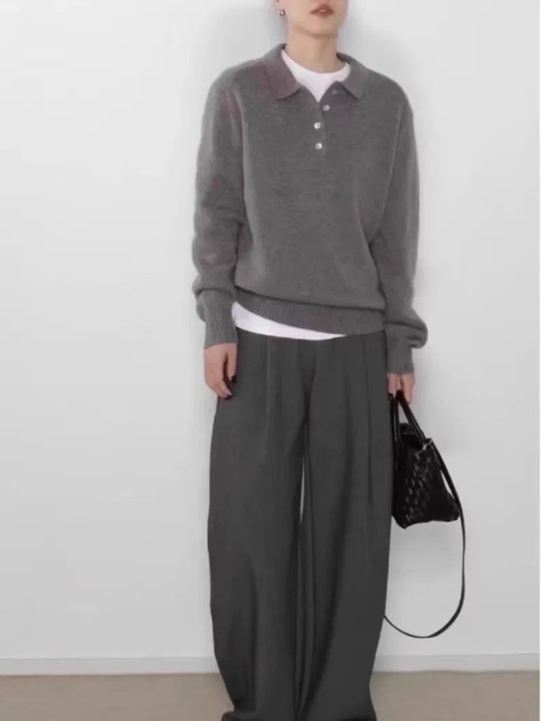 Elegant POLO semi-open neck 100%wool knitted sweater women loose long-sleeved base sweater autumn and winter