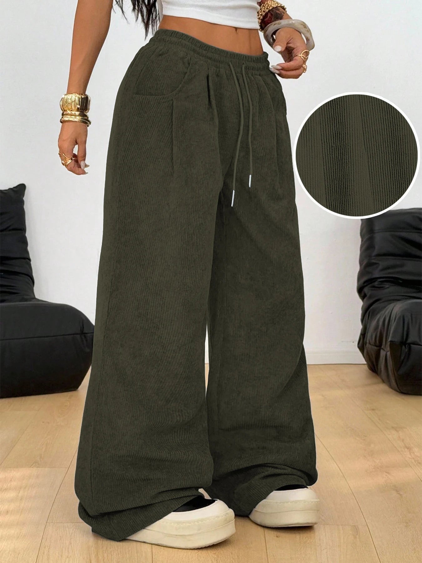 Women's Corduroy Style Drawstring Pants with Wide Legs and Pockets