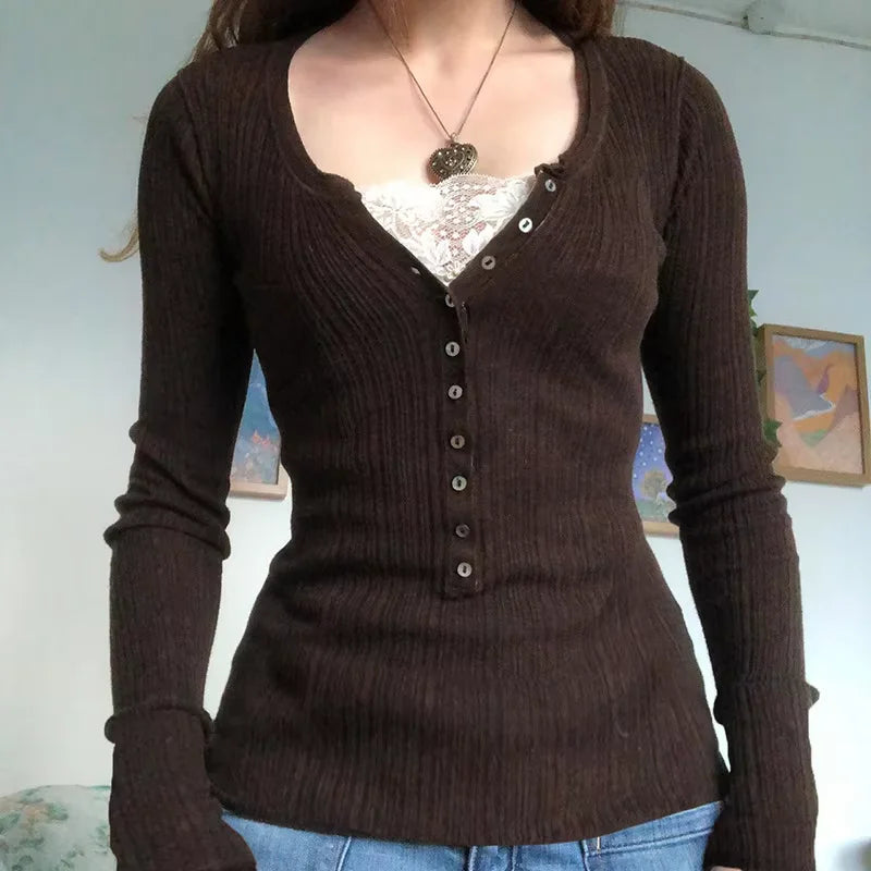 Women's Square Neck Lace Knit Sweater Casual Knit Layer