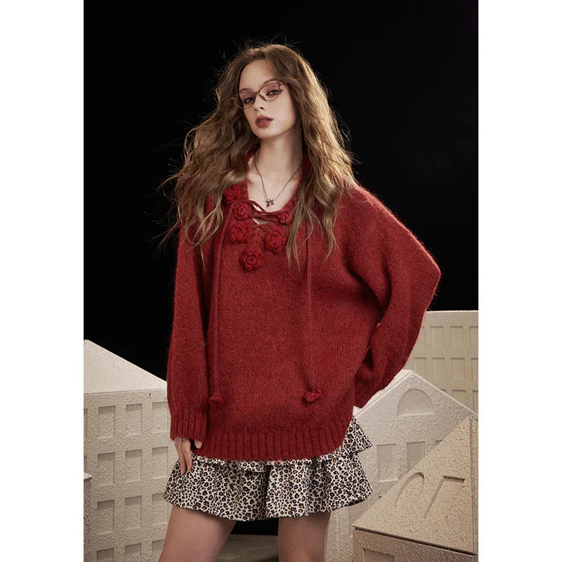 Women's Floral Applique V Neck Batwing Sweater Casual Knit Layer