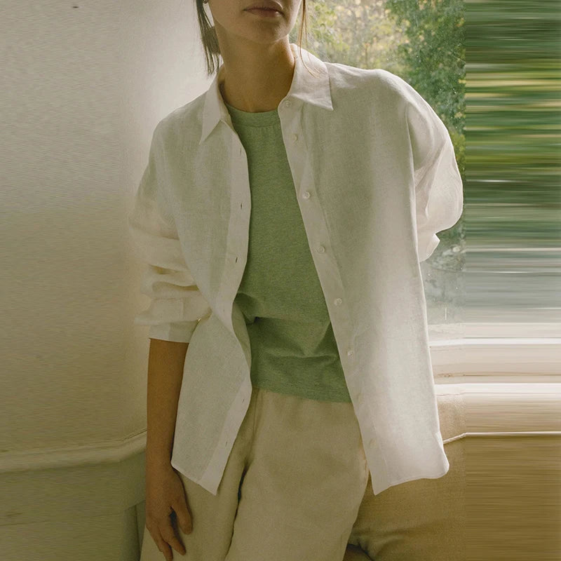 Women's Linen Long-Sleeve Button-Up Shirt with Loose Fit for Casual Everyday Outfits