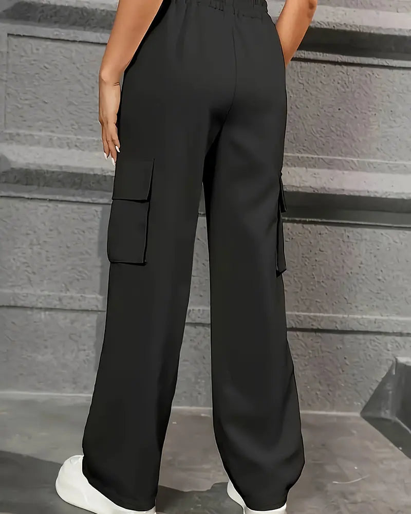 Women's Wide Leg Cargo Pants with Elastic Waist and Flap Pockets