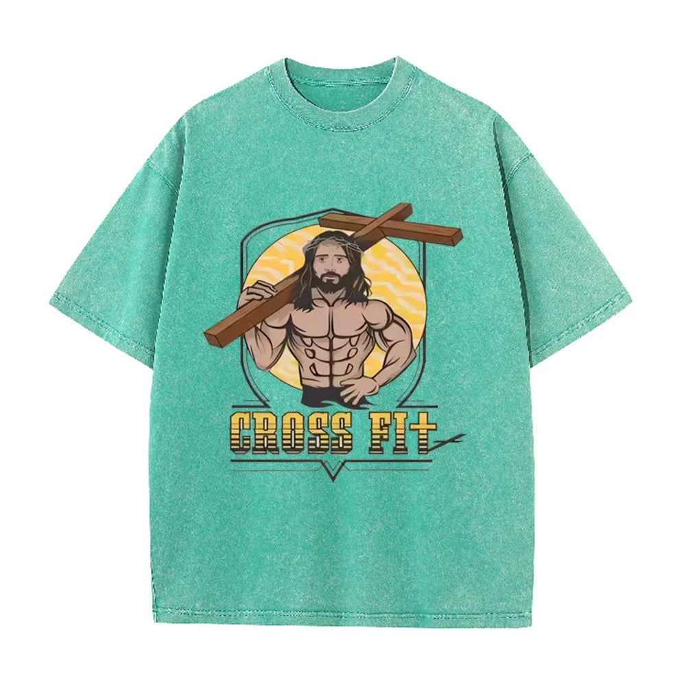 Oversized Washed Cotton Graphic T-Shirt with Short Sleeves