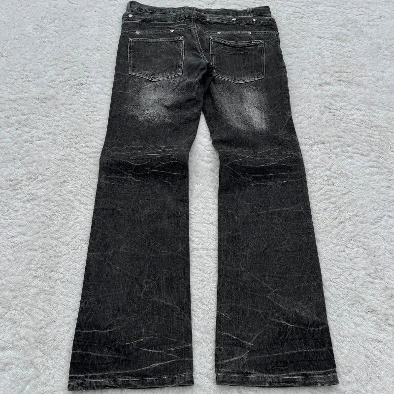 Women's Lace Double Waist Distressed Flared Denim Jeans
