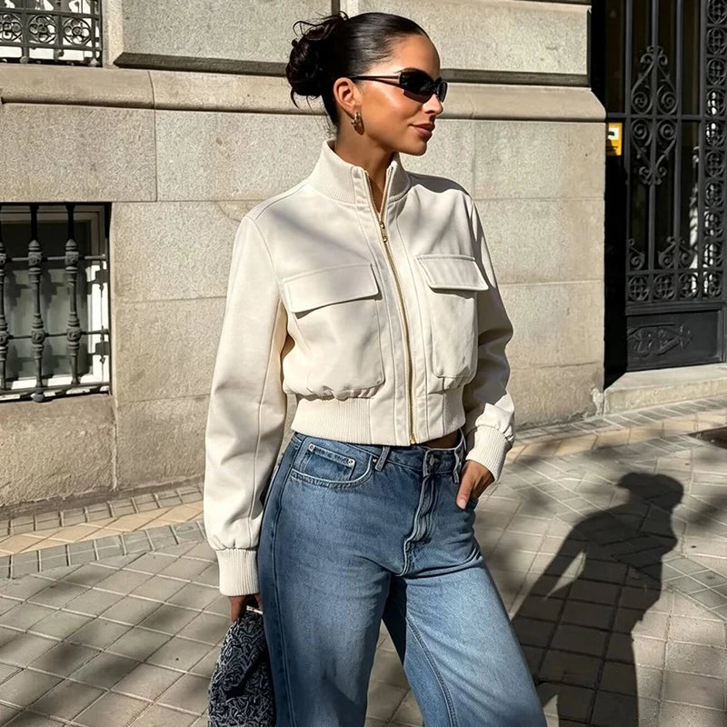Women's Stand Collar Pocket Zip Front Jacket for Layered Outfits