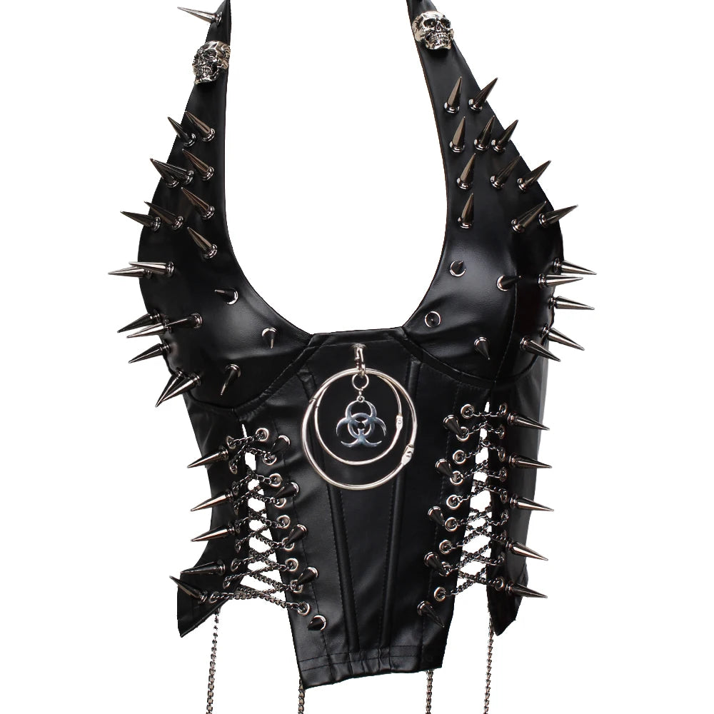 Women's Studded Crop Top with Decorative Spikes and Lace-Up Side Detailing