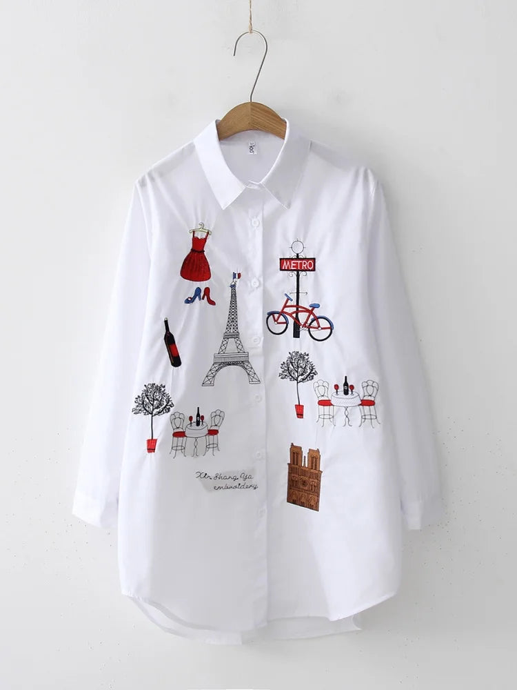 Women's Embroidered Collared Long Sleeve Shirt