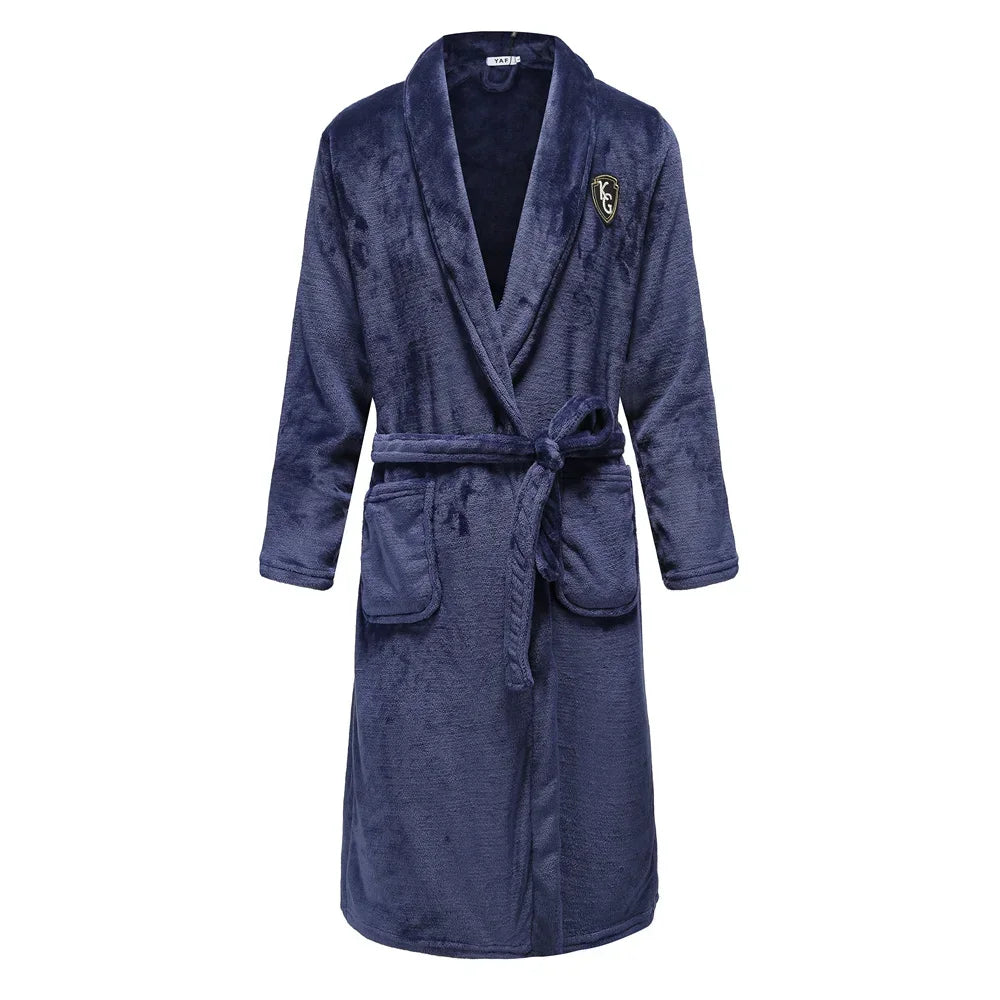 Men's Flannel Fleece Lapel Collar Tie Waist Bathrobe