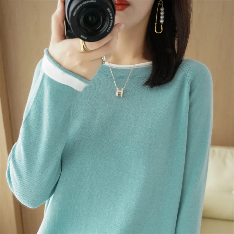 Women's Crew Neck Contrast Stripe Trim Sweater Casual Knit Layer