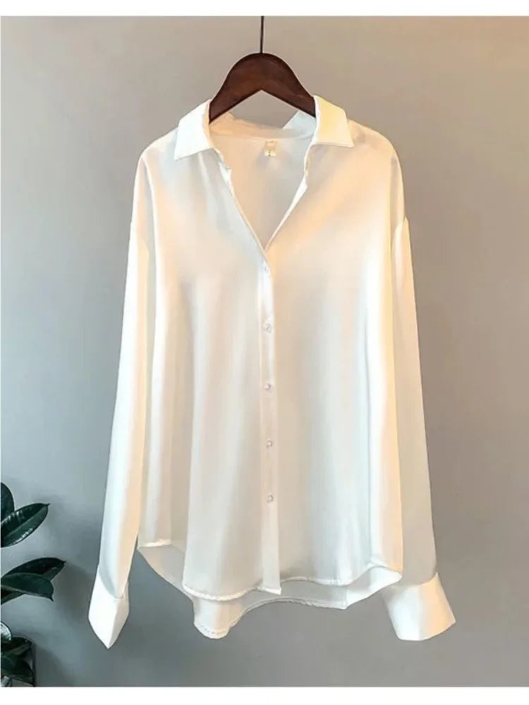 Women's Long Sleeve Button Front Satin Look Shirt