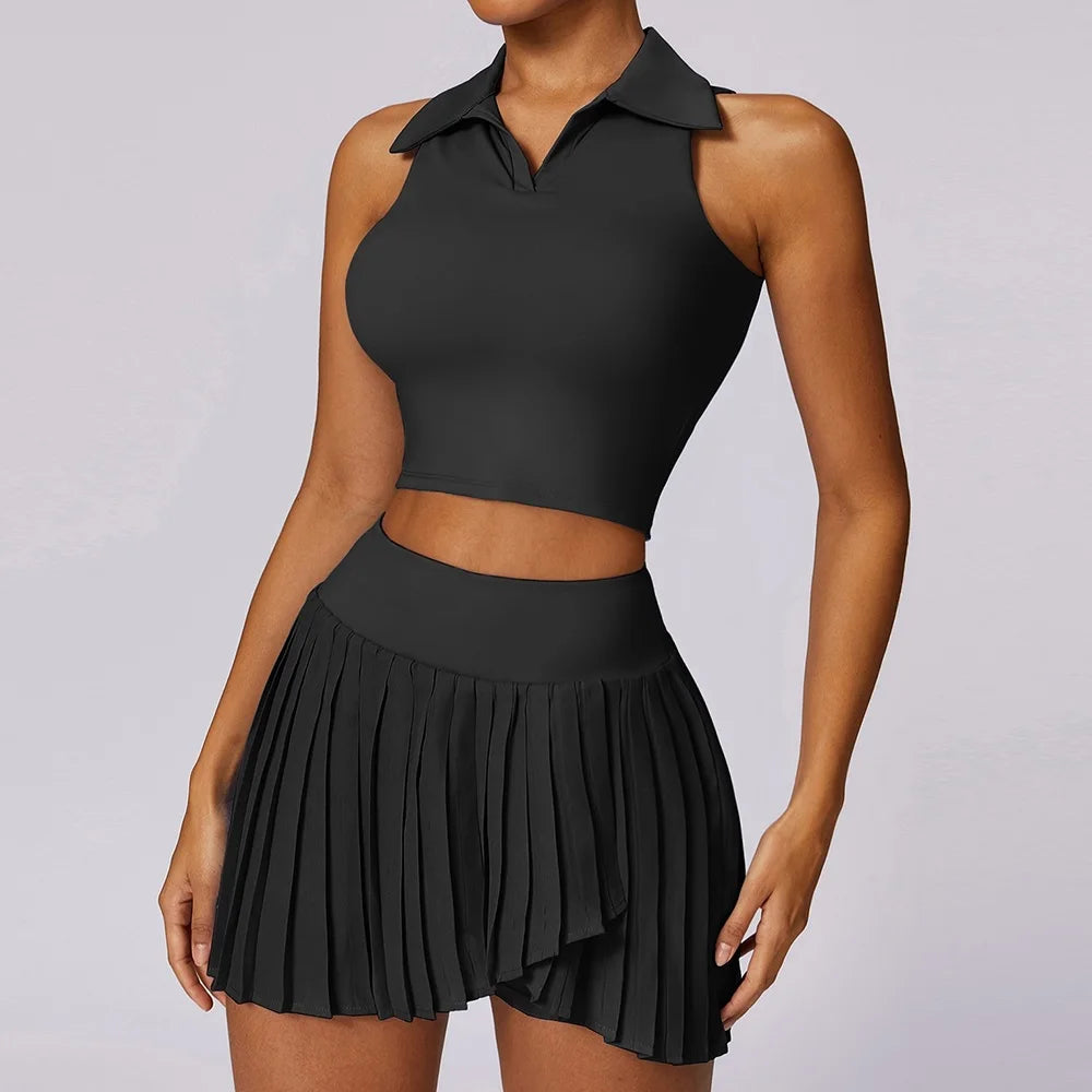 Women's Collared Crop Top and Skort Workout Set
