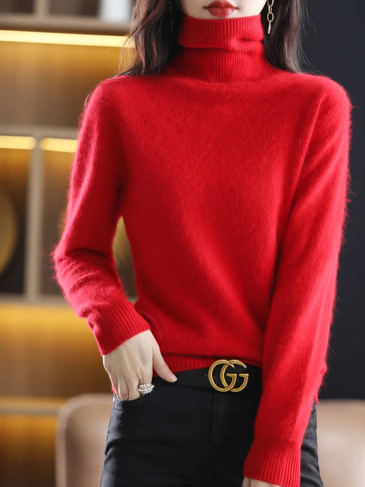 Women's Plain Roll Neck Long Sleeve Sweater Casual Knit Layer