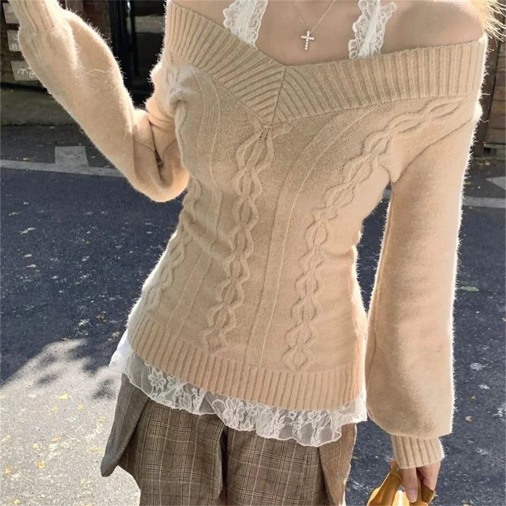 Women's Off Shoulder Cable Knit Sweater Casual Knit Layer