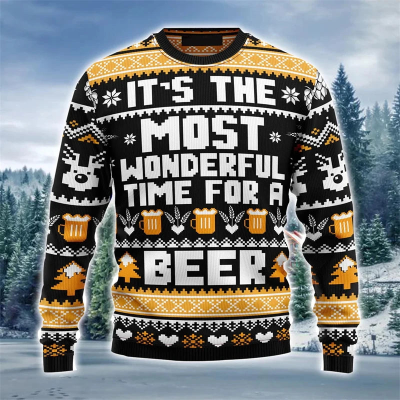 Beer-Graphic Christmas Crewneck Long-Sleeve Sweatshirt