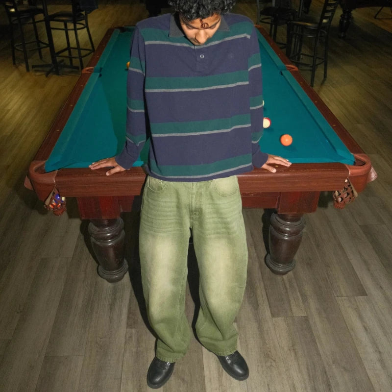Men's Green Ball Embroidered Wide Leg Denim Jeans for Casual Everyday Wear