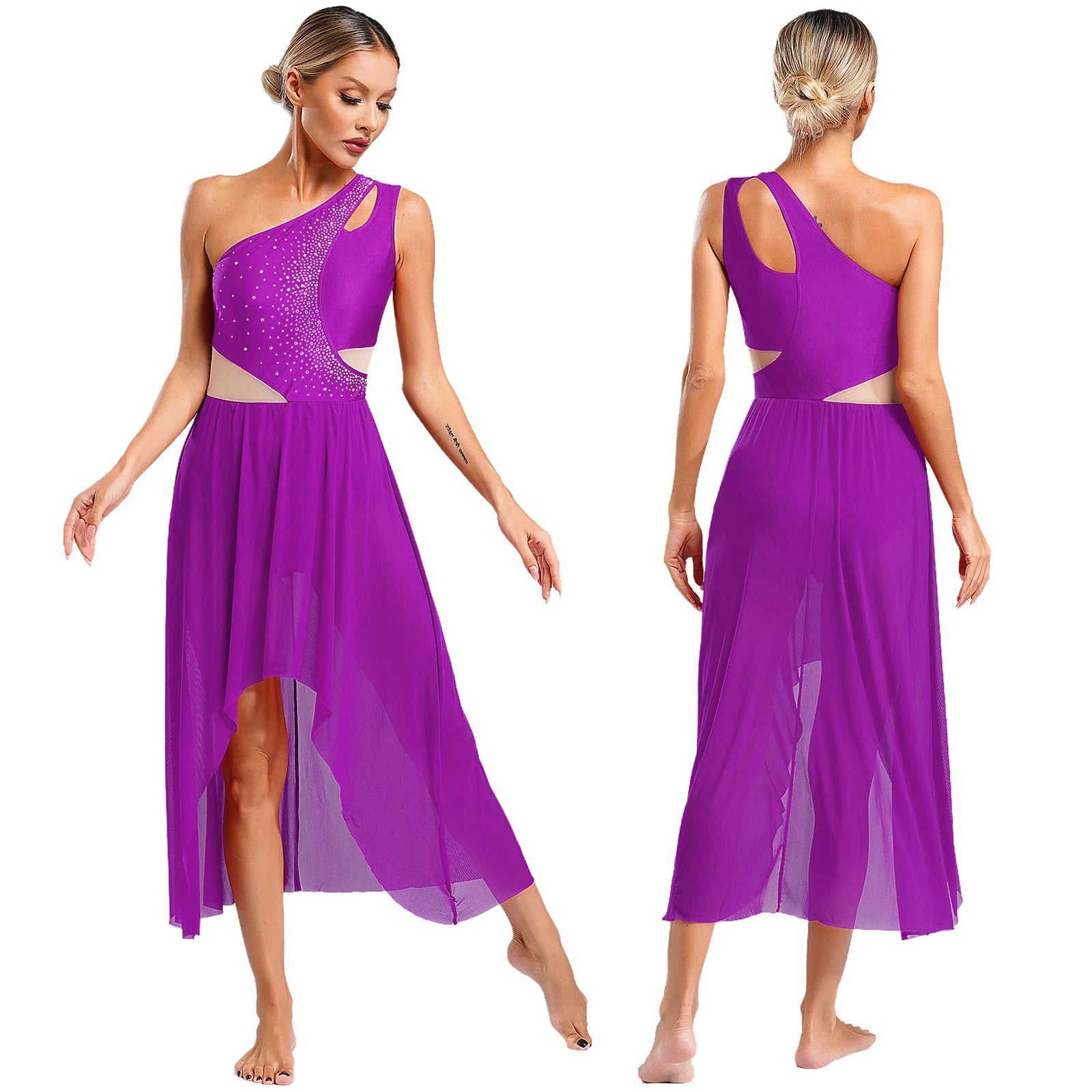 Women's Asymmetric Rhinestone Dance Dress with Split Mesh Skirt Styles