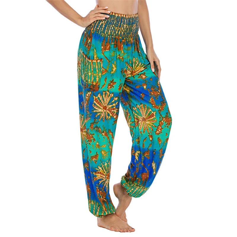Women's Printed Rayon Harem Pants with High Waist and Gathered Ankles
