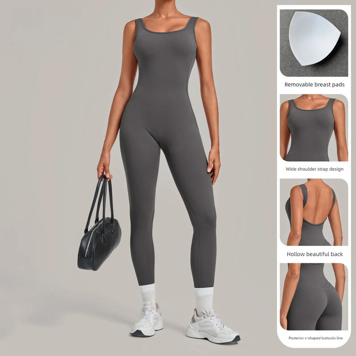 Women's Wide Strap Nylon Blend Workout Jumpsuit with Low Scoop Back