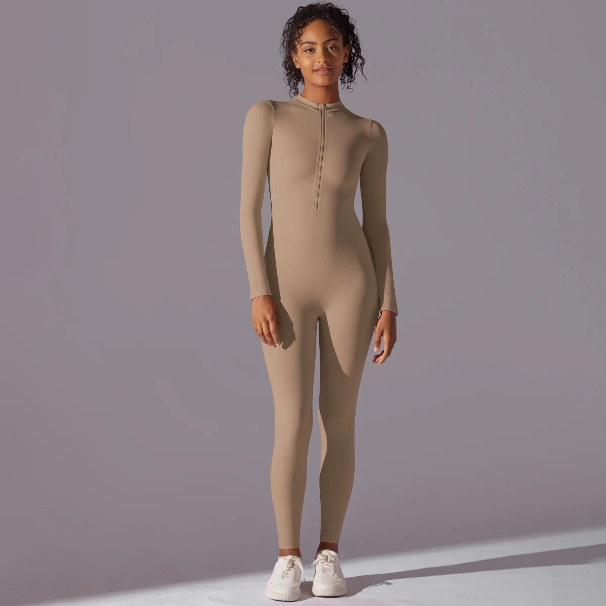 Women's Long Sleeve Nylon Blend Workout Jumpsuit with Round Neck