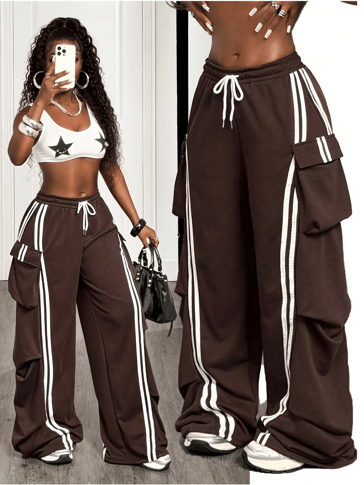 Women's Brown Wide Leg Cargo Pants with Contrast Side Stripes