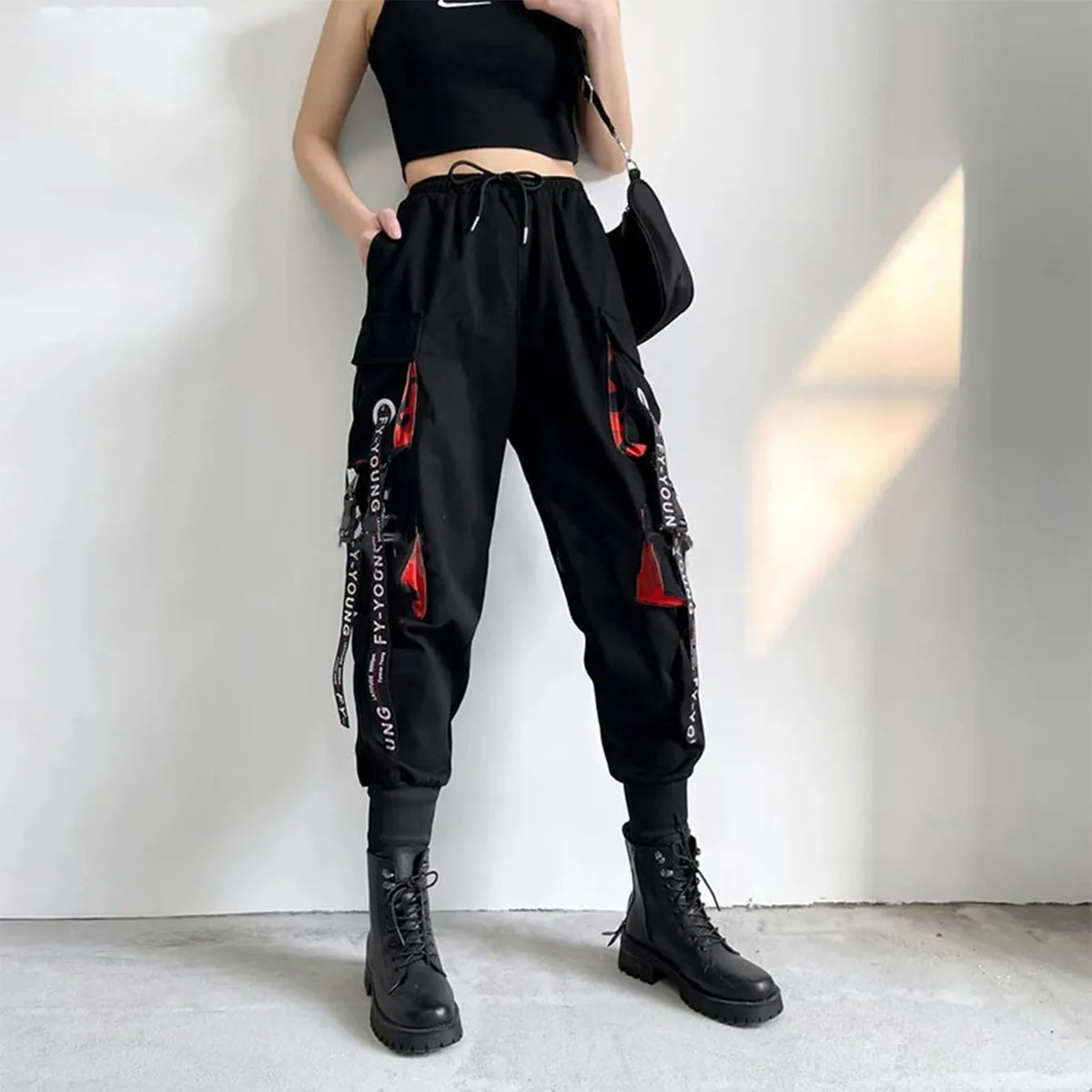 Women's Black Cargo Joggers with Printed Straps and Side Pockets