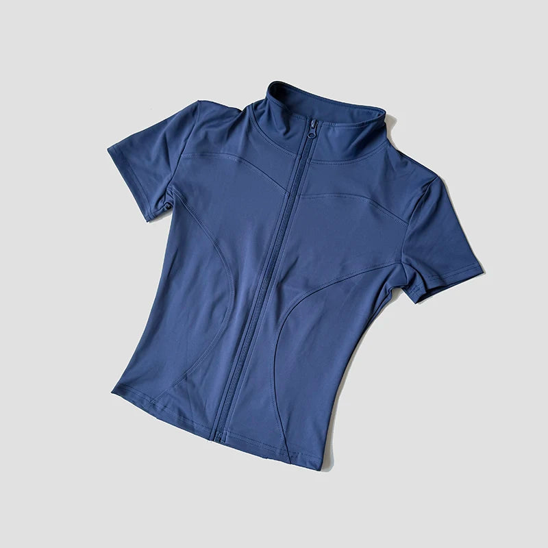 Women’s Slim Fit Short Sleeve Yoga Top with Stand Collar Zip Front