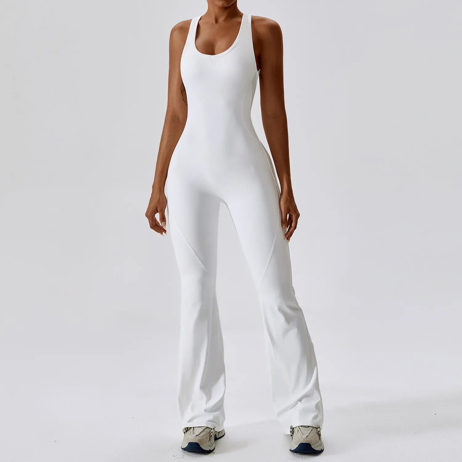 Women's Open Back Nylon Blend Flared Workout Jumpsuit with Tank Top