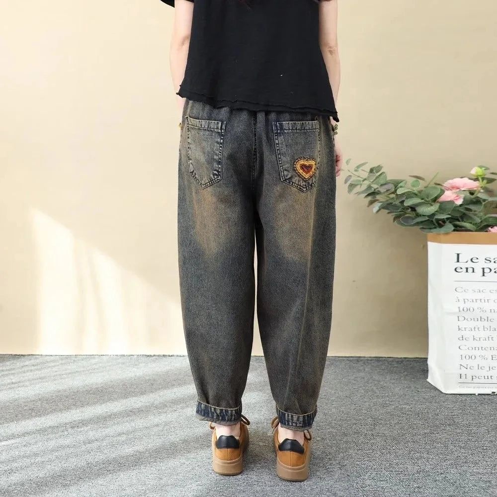 Women's Cotton Embroidered High-Waist Loose Ankle-Length Jeans with Elastic Waist for Outfits