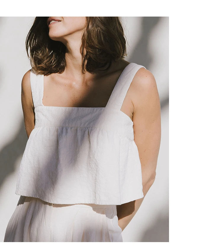Women's Cotton-Linen Sleeveless Cropped Camisole Top with Button Detail for Summer Outfits